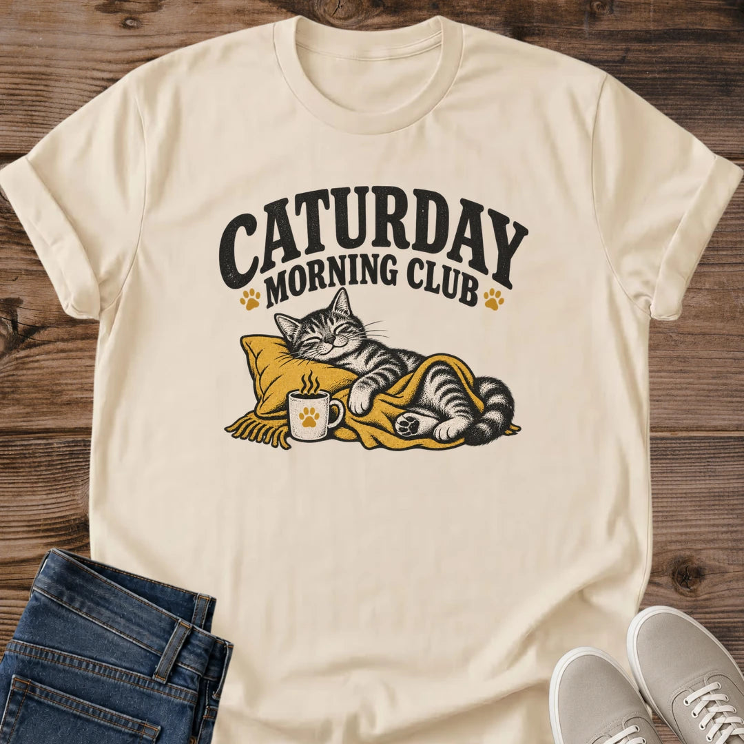 Weekend Cat Tee Caturday Morning Club Coffee Lover Graphic Shirt Content Cat Snuggled In Blanket Warm Paw Print Mug Vintage Collegiate Design Cat Owner Gift Softstyle Ring Spun Cotton Relaxed Fit Cozy Loungewear Cat Mom Apparel