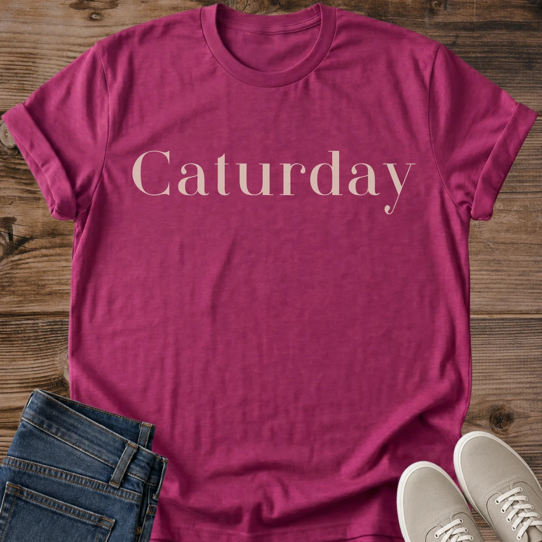 Cat Themed Clothing Caturday Script Tee Weekend Casual Shirt Comfortable Feline Fashion Statement Elegant Typography Design Lightweight Fabric Perfect Cat Lover Gift Cozy Weekend Style Animal Enthusiast Apparel Birthday Present Lounging