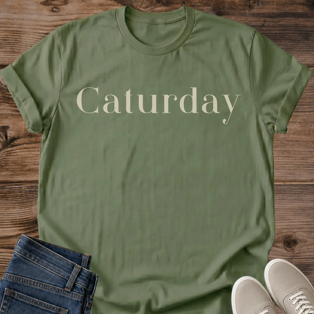 Weekend Casual Wear Cat Lover Shirt Caturday Design Cozy Comfortable Tee Elegant Serif Typography Lightweight Fabric Perfect Feline Fashion Gift Cat Themed Clothing Animal Lover Apparel Birthday Present Lounging Style Coffee Run Essential