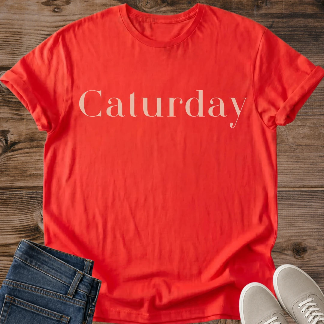 Caturday Design Shirt Weekend Cat Lover Tee Comfortable Graphic Top Elegant Typography Style Lightweight Fabric Perfect Casual Wear Feline Fashion Statement Cozy Weekend Wardrobe Essential Cat Themed Clothing Gift Animal Lover Apparel