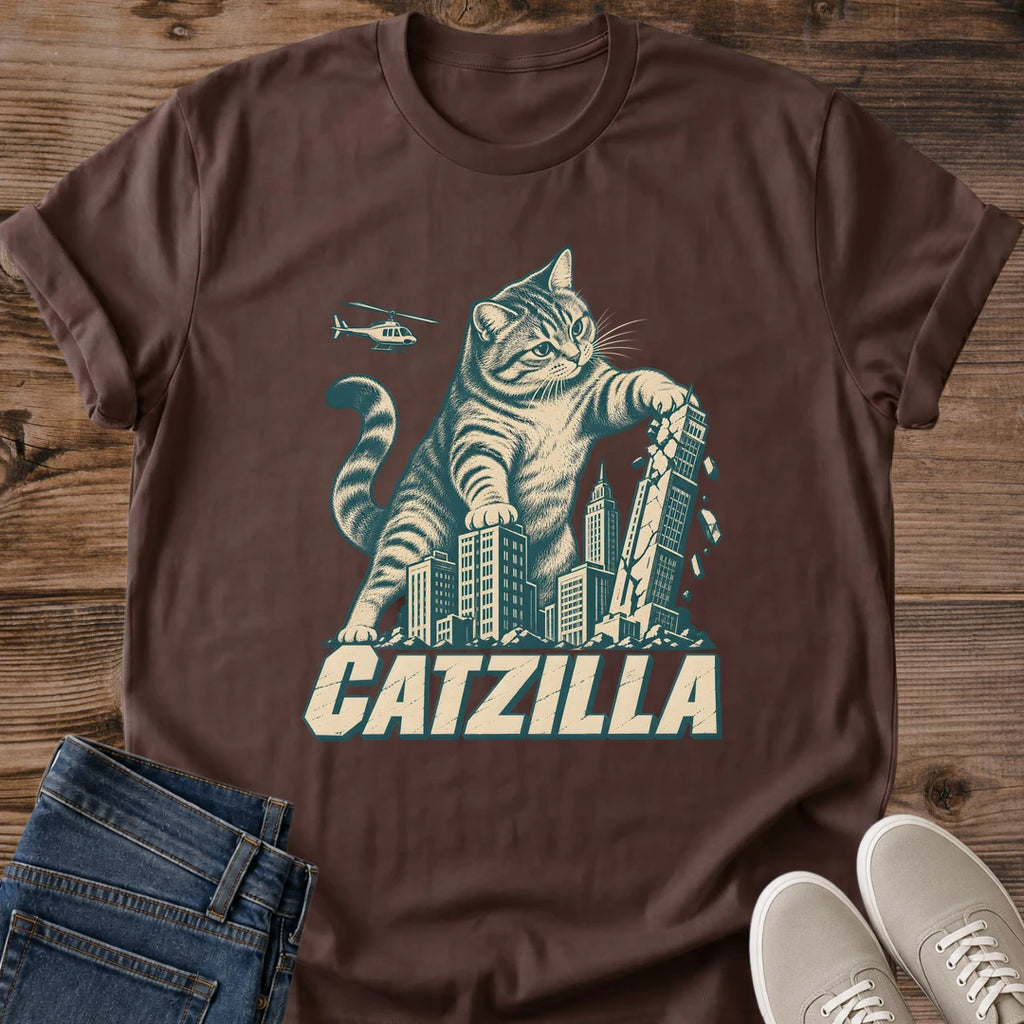 Dark chocolate Catzilla cat monster T-shirt with a retro giant cat and city buildings design