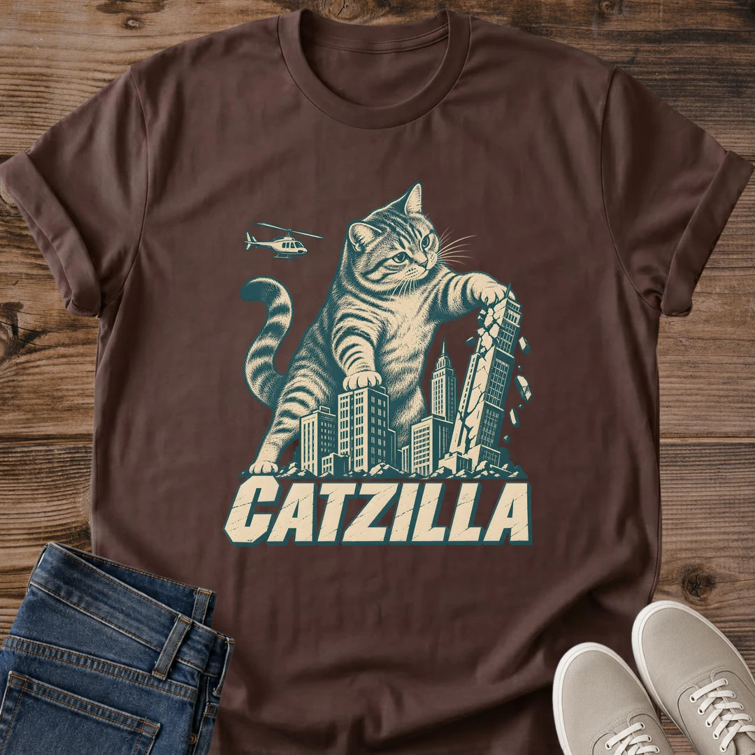 Dark chocolate Catzilla cat monster T-shirt with a retro giant cat and city buildings design