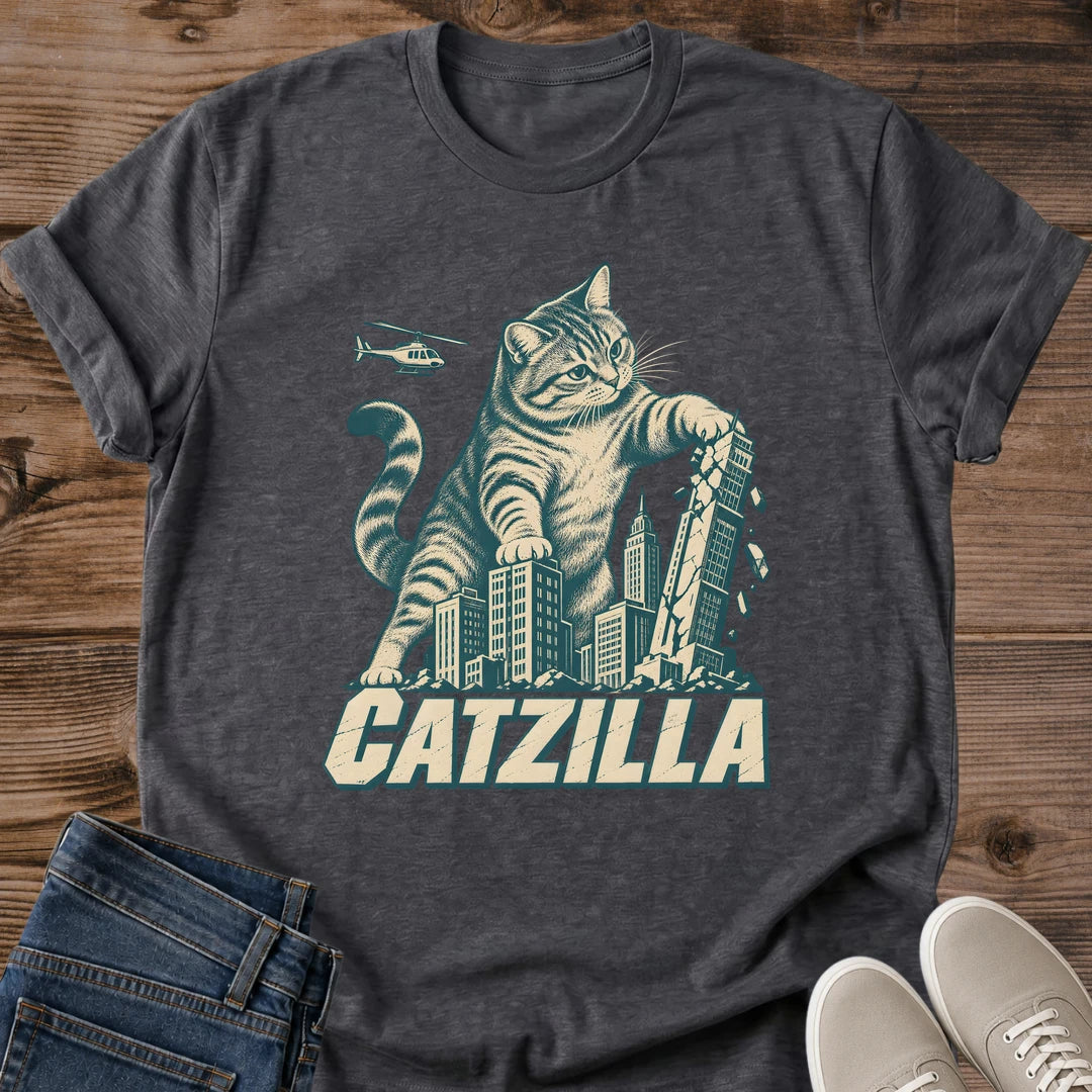 Dark heather Catzilla giant tabby cat T-shirt featuring a vintage-style oversized cat towering over a city skyline