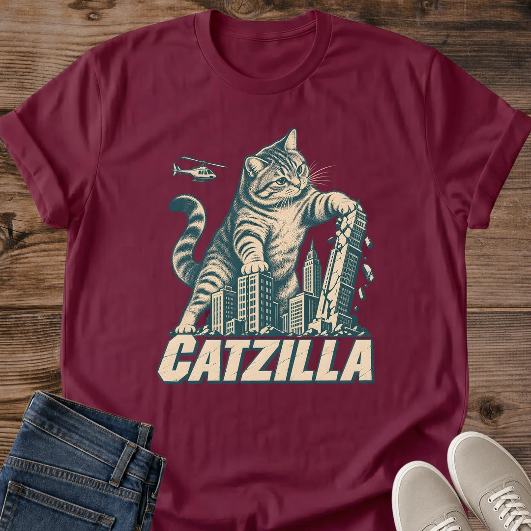 Maroon Catzilla vintage cat T-shirt with playful oversized tabby and city skyline artwork