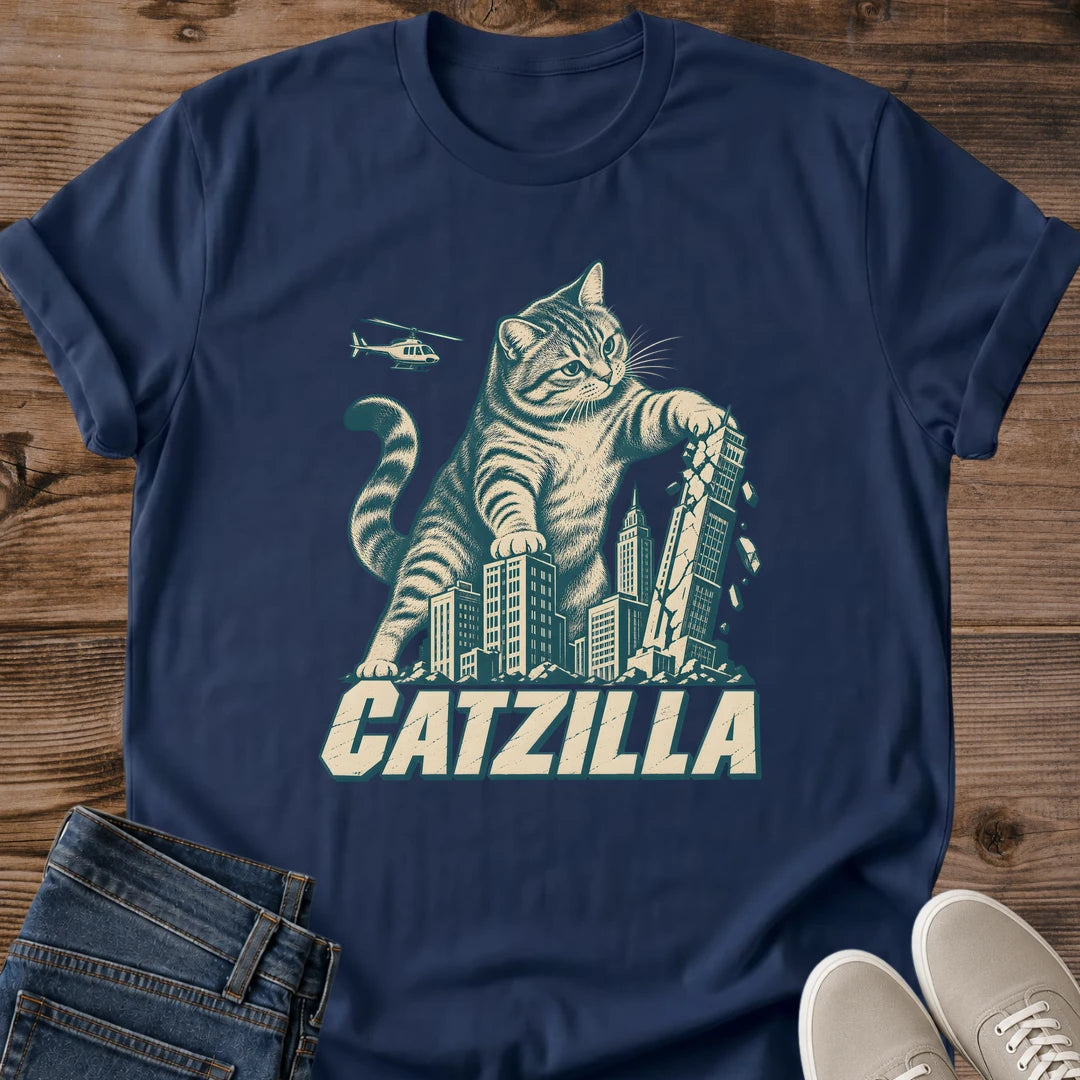Navy Catzilla graphic tee with retro giant tabby cat and city skyline illustration