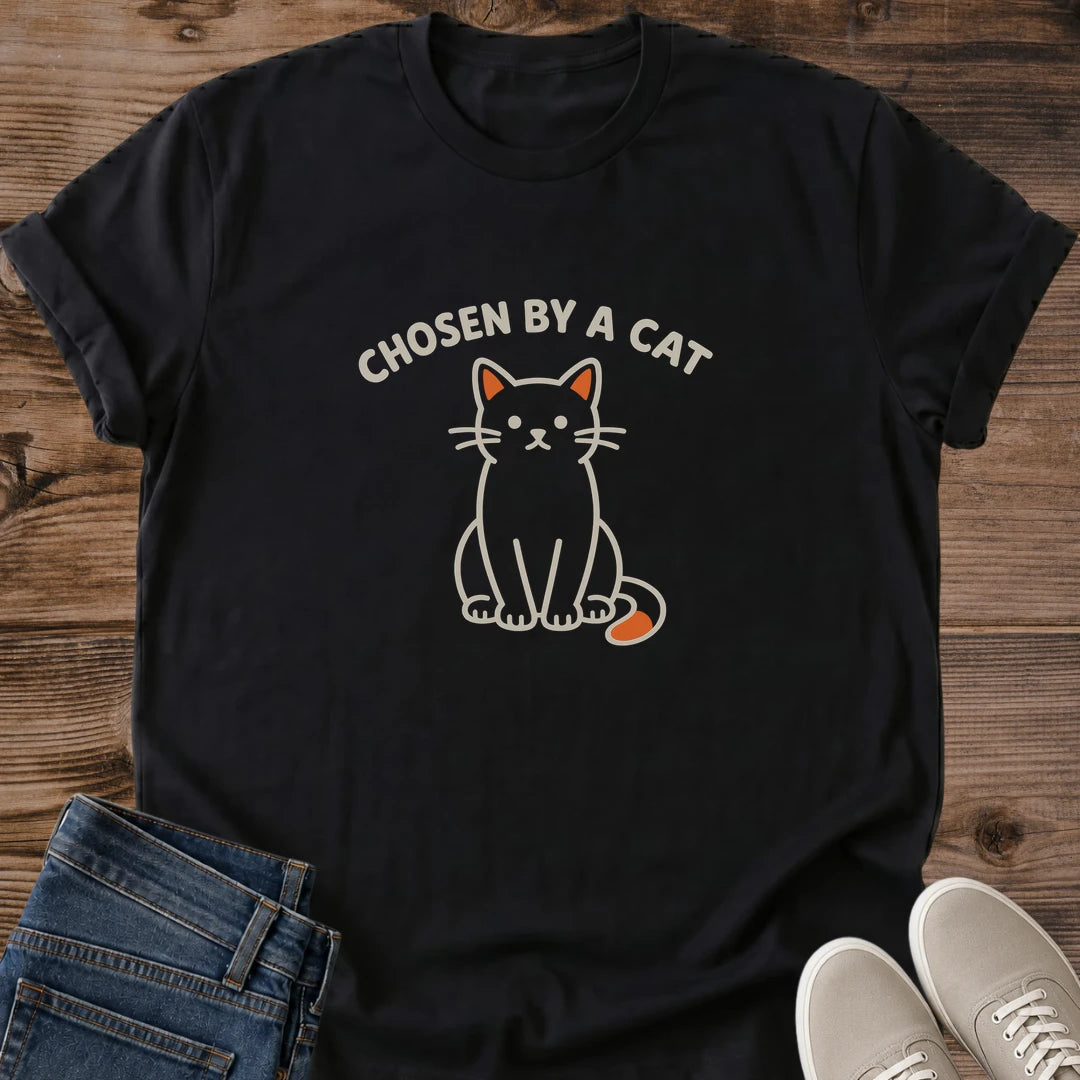 Soft Cotton Cat Shirt Retro Graphic Tee Design Chosen By Cat Print Lightweight Ring Spun Fabric Comfortable Everyday Wear Cat Lover Apparel Gift For Pet Owner Ribbed Crew Neck Casual Style Quality Construction Cute Feline Design Durable