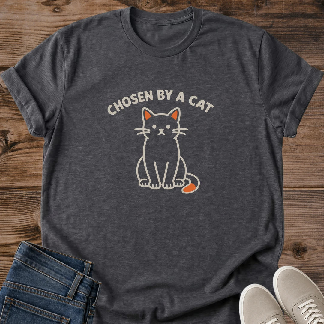Cat Lover Shirt Soft Cotton Tee Retro Graphic Design Chosen By Cat Print Lightweight Everyday Wear Comfortable Fit Ribbed Crew Neck Durable Shoulder Tape Cat Owner Gift Casual Style Feline Theme Apparel Ring Spun Cotton Fabric Quality Print