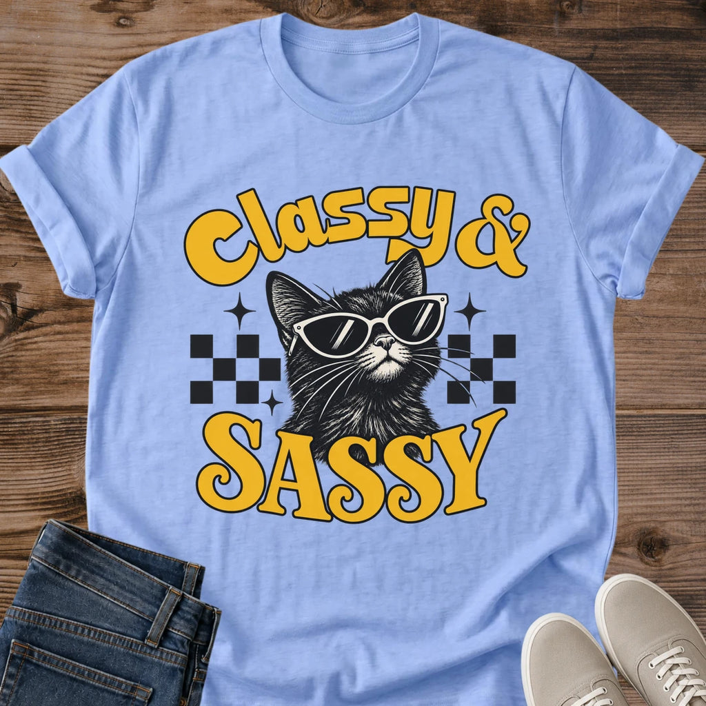 Bold Cat Graphic Tee Classy And Sassy Checkered Sunglasses Print Retro Aesthetic Cat Owner Shirt Gift For Cat Lovers Softstyle Cotton Comfortable Relaxed Fit Statement Piece Everyday Casual Wear Apparel Gift