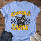 Bold Cat Graphic Tee Classy And Sassy Checkered Sunglasses Print Retro Aesthetic Cat Owner Shirt Gift For Cat Lovers Softstyle Cotton Comfortable Relaxed Fit Statement Piece Everyday Casual Wear Apparel Gift