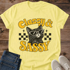 Retro Cat Shirt Classy And Sassy Sunglasses Graphic Tee Cool Gift Idea Ring Spun Cotton Soft Breathable Fabric Relaxed Unisex Fit Bold Print Design Cat Person Apparel Casual Everyday Wear Statement Piece Great Gift