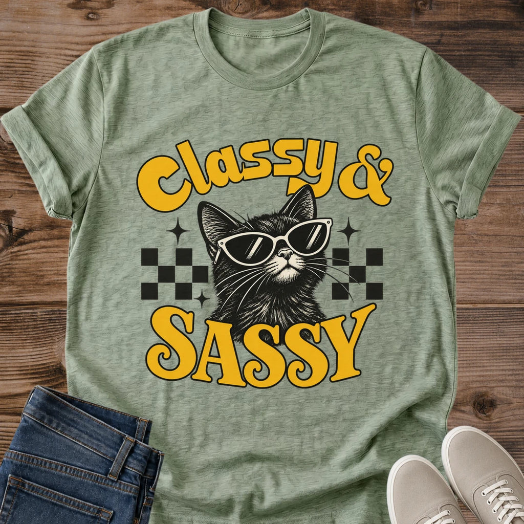 Classy And Sassy Cat Shirt Retro Checkered Sunglasses Cat Tee Gift Idea Softstyle Ring Spun Cotton Relaxed Fit Everyday Casual Wear Bold Print Cat Owner Apparel Statement Piece Lightweight Layering For Home