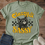 Classy And Sassy Cat Shirt Retro Checkered Sunglasses Cat Tee Gift Idea Softstyle Ring Spun Cotton Relaxed Fit Everyday Casual Wear Bold Print Cat Owner Apparel Statement Piece Lightweight Layering For Home