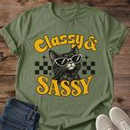 Vintage Cat Lover Tee Classy And Sassy Checkered Sunglasses Design Cotton Cat Mom Gift Shirt Retro Aesthetic Softstyle Ring Spun Fabric Relaxed Retail Fit Casual Weekend Layering Statement Piece Everyday Wear