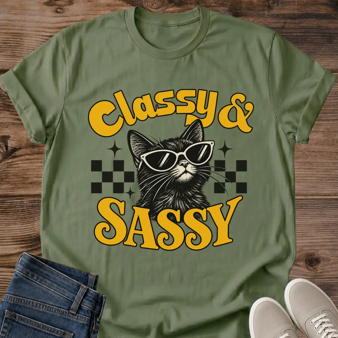 Vintage Cat Lover Tee Classy And Sassy Checkered Sunglasses Design Cotton Cat Mom Gift Shirt Retro Aesthetic Softstyle Ring Spun Fabric Relaxed Retail Fit Casual Weekend Layering Statement Piece Everyday Wear