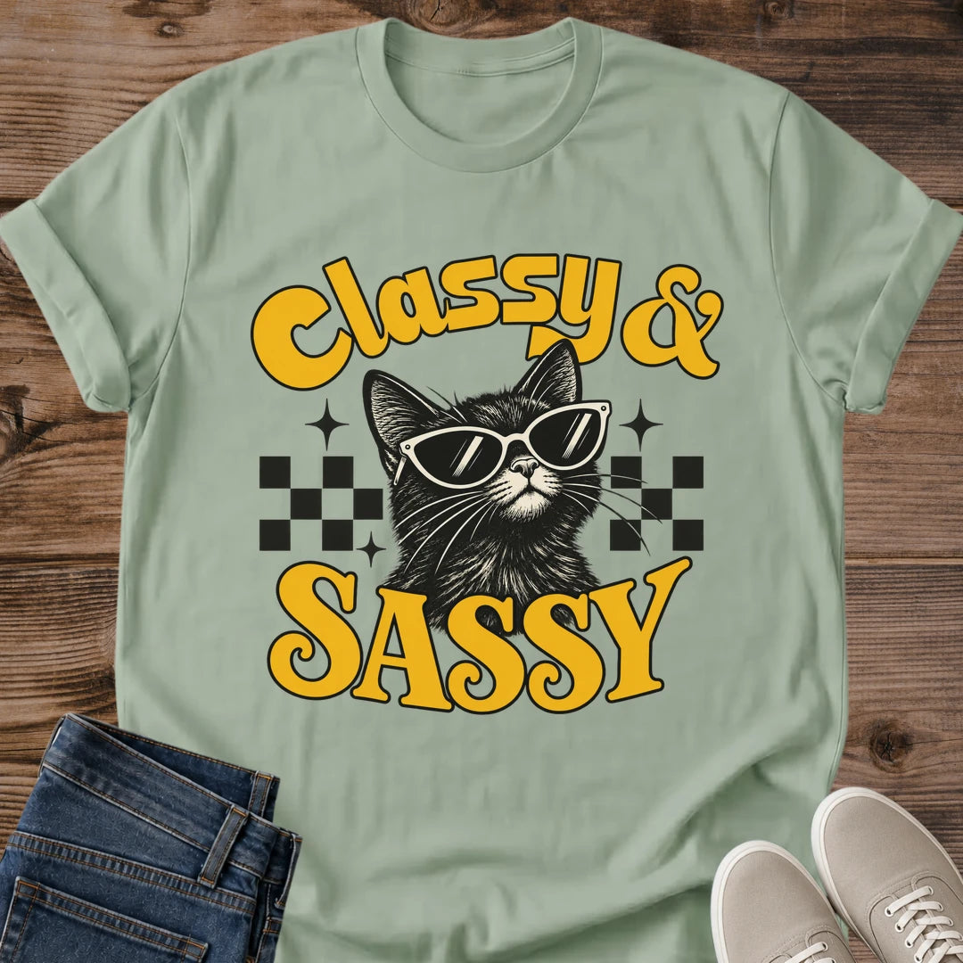 Retro Cat Shirt Classy And Sassy Sunglasses Graphic Tee Cool Gift Idea Ring Spun Cotton Soft Breathable Fabric Relaxed Unisex Fit Bold Print Design Cat Person Apparel Casual Everyday Wear Statement Piece Great Gift