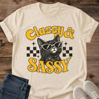 Classy And Sassy Cat Shirt Retro Checkered Sunglasses Cat Tee Gift Idea Softstyle Ring Spun Cotton Relaxed Fit Everyday Casual Wear Bold Print Cat Owner Apparel Statement Piece Lightweight Layering For Home