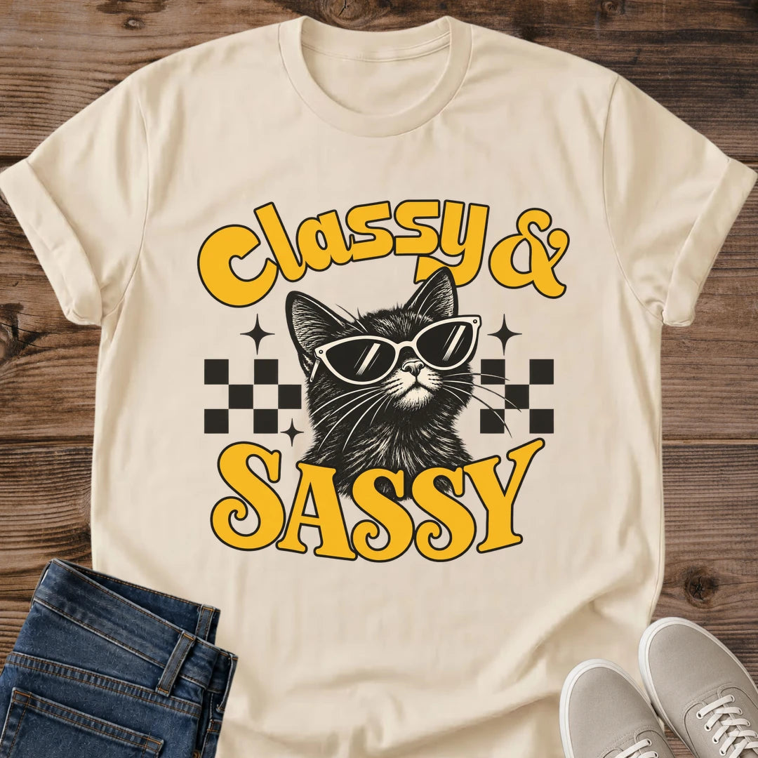Classy And Sassy Cat Shirt Retro Checkered Sunglasses Cat Tee Gift Idea Softstyle Ring Spun Cotton Relaxed Fit Everyday Casual Wear Bold Print Cat Owner Apparel Statement Piece Lightweight Layering For Home