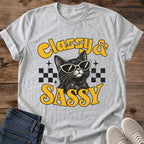Sassy Cat Tee Classy And Sassy Retro Checkered Design Cat Lover Gift For Her Softstyle Cotton Comfortable Relaxed Fit Casual Weekend Wear Bold Print Cat Mom Statement Apparel Everyday Layering Piece For Fun