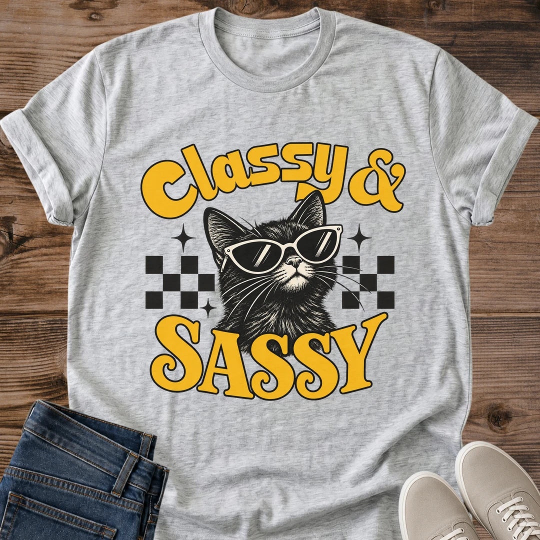 Sassy Cat Tee Classy And Sassy Retro Checkered Design Cat Lover Gift For Her Softstyle Cotton Comfortable Relaxed Fit Casual Weekend Wear Bold Print Cat Mom Statement Apparel Everyday Layering Piece For Fun