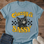 Sassy Cat Tee Classy And Sassy Retro Checkered Design Cat Lover Gift For Her Softstyle Cotton Comfortable Relaxed Fit Casual Weekend Wear Bold Print Cat Mom Statement Apparel Everyday Layering Piece For Fun