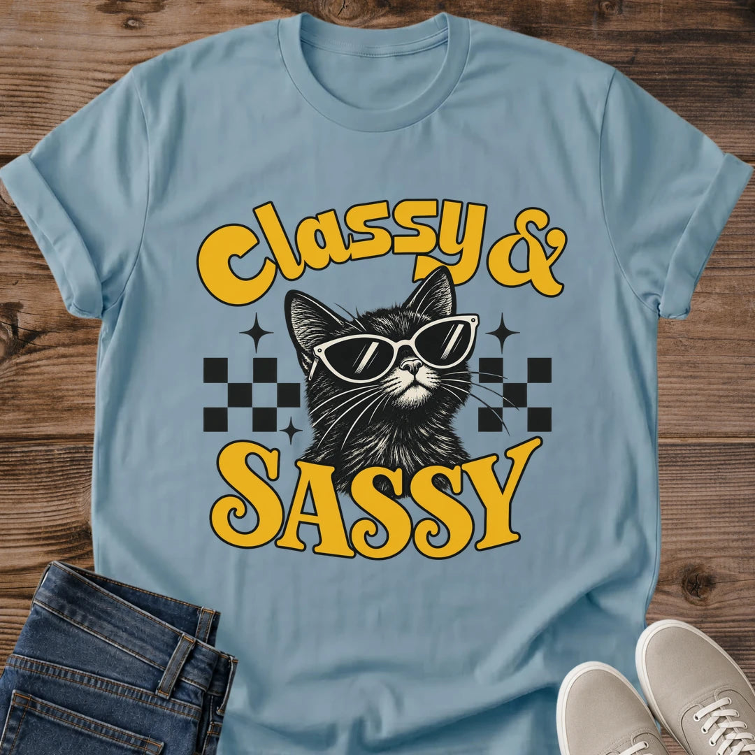 Sassy Cat Tee Classy And Sassy Retro Checkered Design Cat Lover Gift For Her Softstyle Cotton Comfortable Relaxed Fit Casual Weekend Wear Bold Print Cat Mom Statement Apparel Everyday Layering Piece For Fun