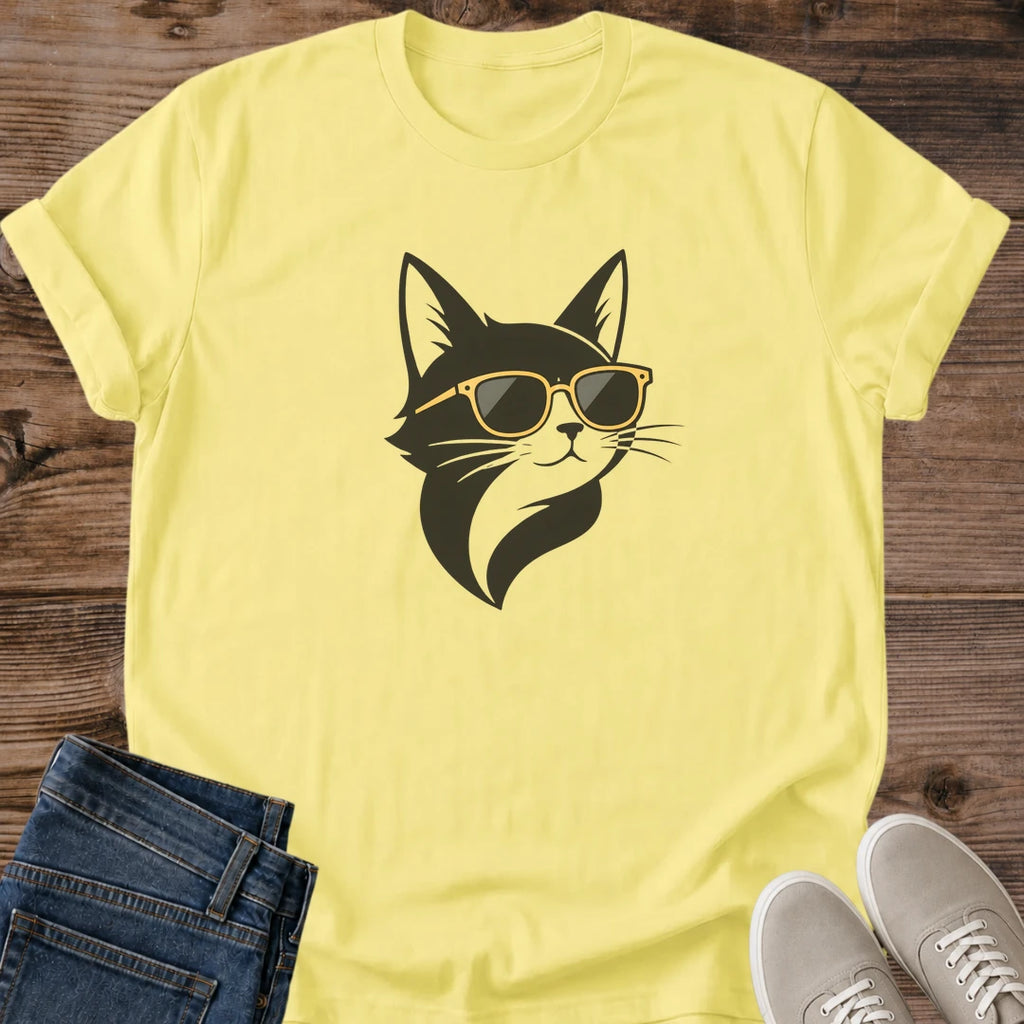 Artistic Cat Tshirt Minimalist Tuxedo Cat Design Gold Sunglasses Portrait Black White Contrast Graphic Tee Collection Cat Lover Gift Perfect Present Bold Street Art Style Modern Fashion Statement Casual Wear Essential Unique Cat Clothing