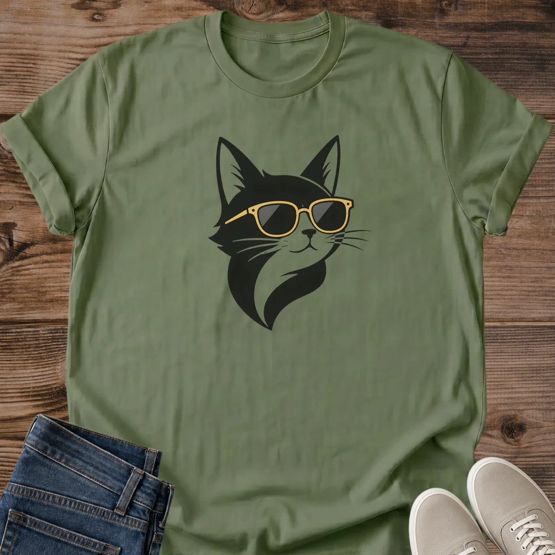 Tuxedo Cat Portrait Graphic Tee Black White Design Gold Sunglasses Accent Minimalist Cat Shirt Bold Artistic Style Cat Lover Apparel Gift Collection Casual Wear Fashion Statement Modern Clean Lines Contemporary Cat Themed Clothing Unique