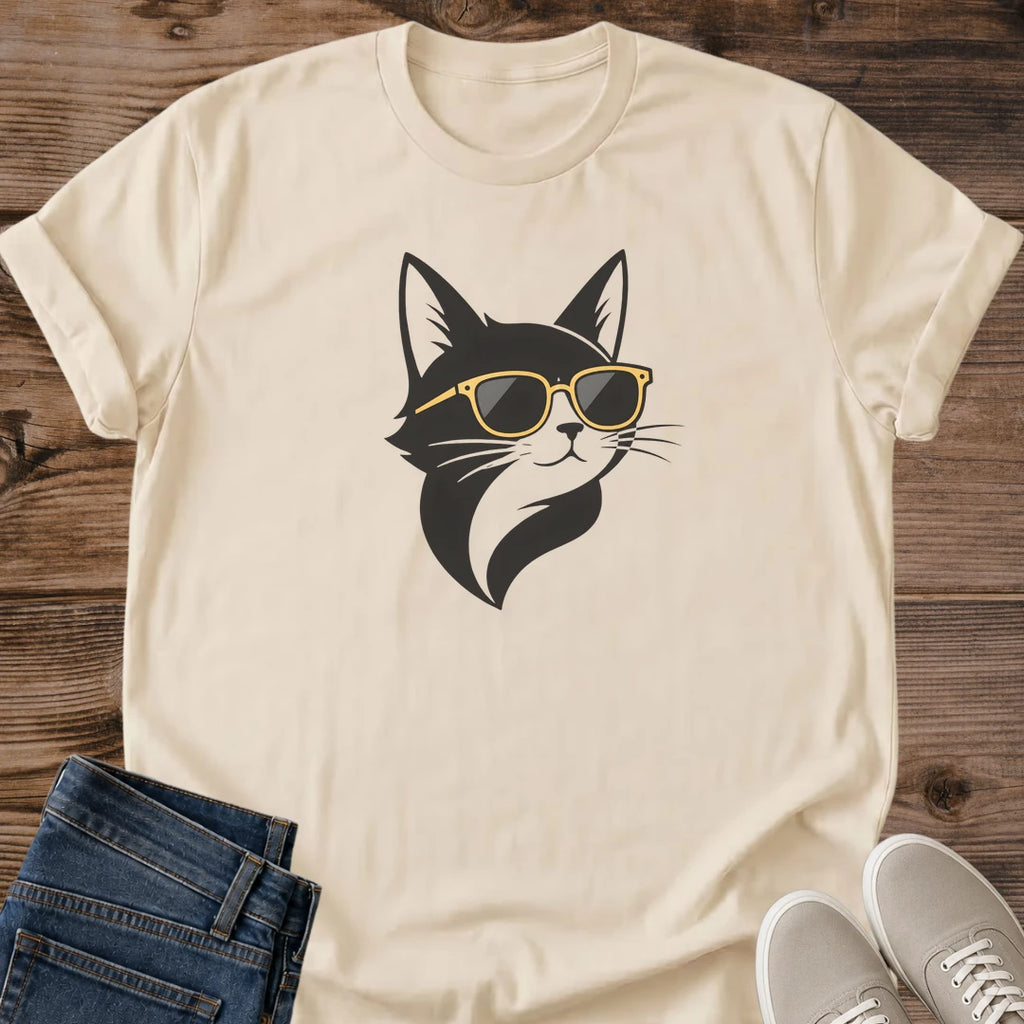 Cat Lover Gift Tuxedo Cat Graphic Tee Minimalist Portrait Design Gold Sunglasses Accent Black White Contrast Bold Artistic Style Modern Cat Shirt Collection Casual Fashion Statement Unique Cat Themed Apparel Contemporary Design Perfect
