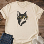 Cat Lover Gift Tuxedo Cat Graphic Tee Minimalist Portrait Design Gold Sunglasses Accent Black White Contrast Bold Artistic Style Modern Cat Shirt Collection Casual Fashion Statement Unique Cat Themed Apparel Contemporary Design Perfect