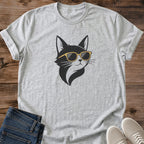 Cat Graphic Tee Minimalist Design Tuxedo Cat Portrait Black White Contrast Gold Sunglasses Accent Bold Street Art Style Cat Lover Gift Perfect Present Casual Wear Essential Statement Fashion Piece Unique Cat Clothing Collection Modern