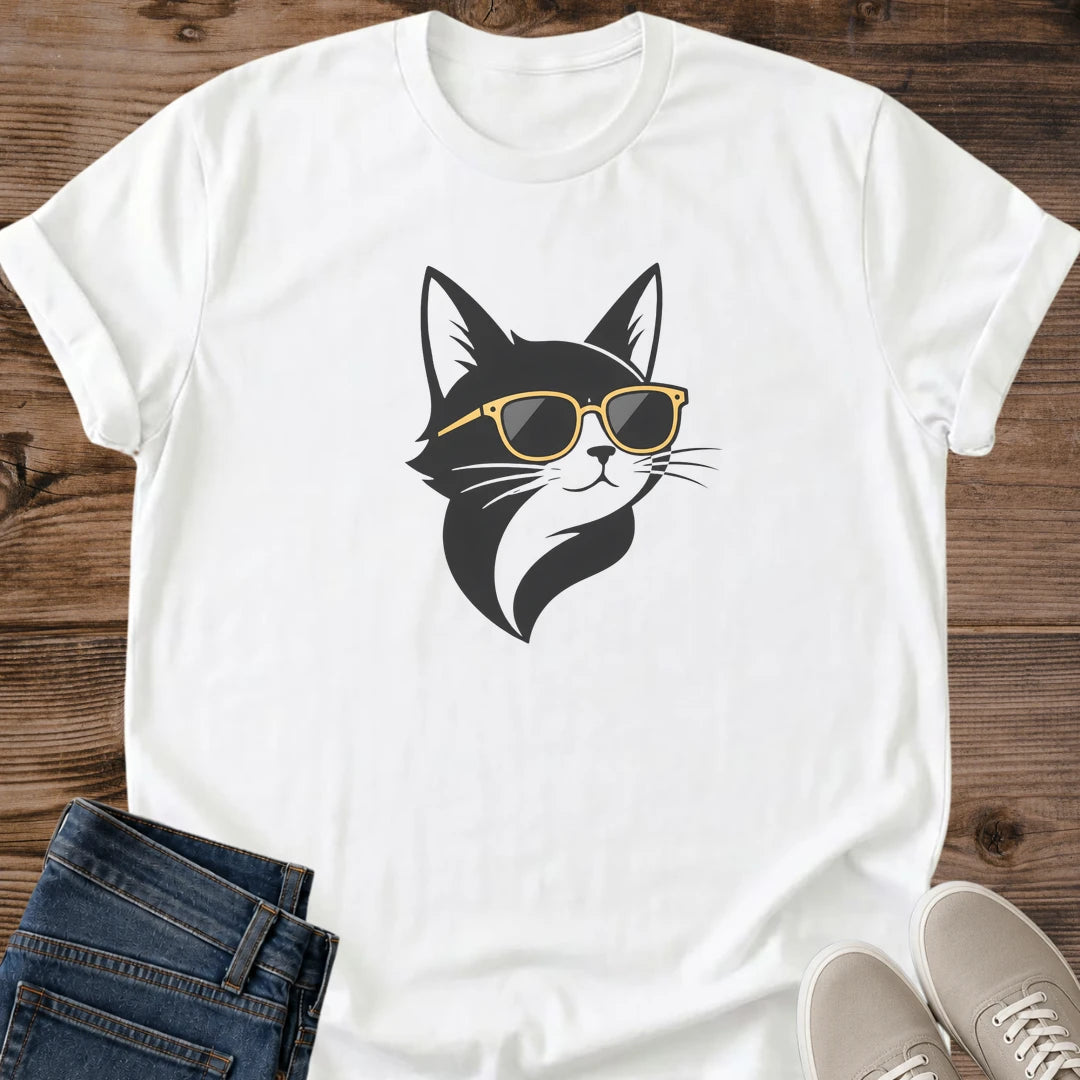 Minimalist Cat Shirt Tuxedo Cat Portrait Design Black White High Contrast Gold Sunglasses Detail Artistic Graphic Tee Collection Cat Owner Gift Casual Fashion Statement Bold Modern Style Clean Illustration Cat Themed Apparel Unique Clothing