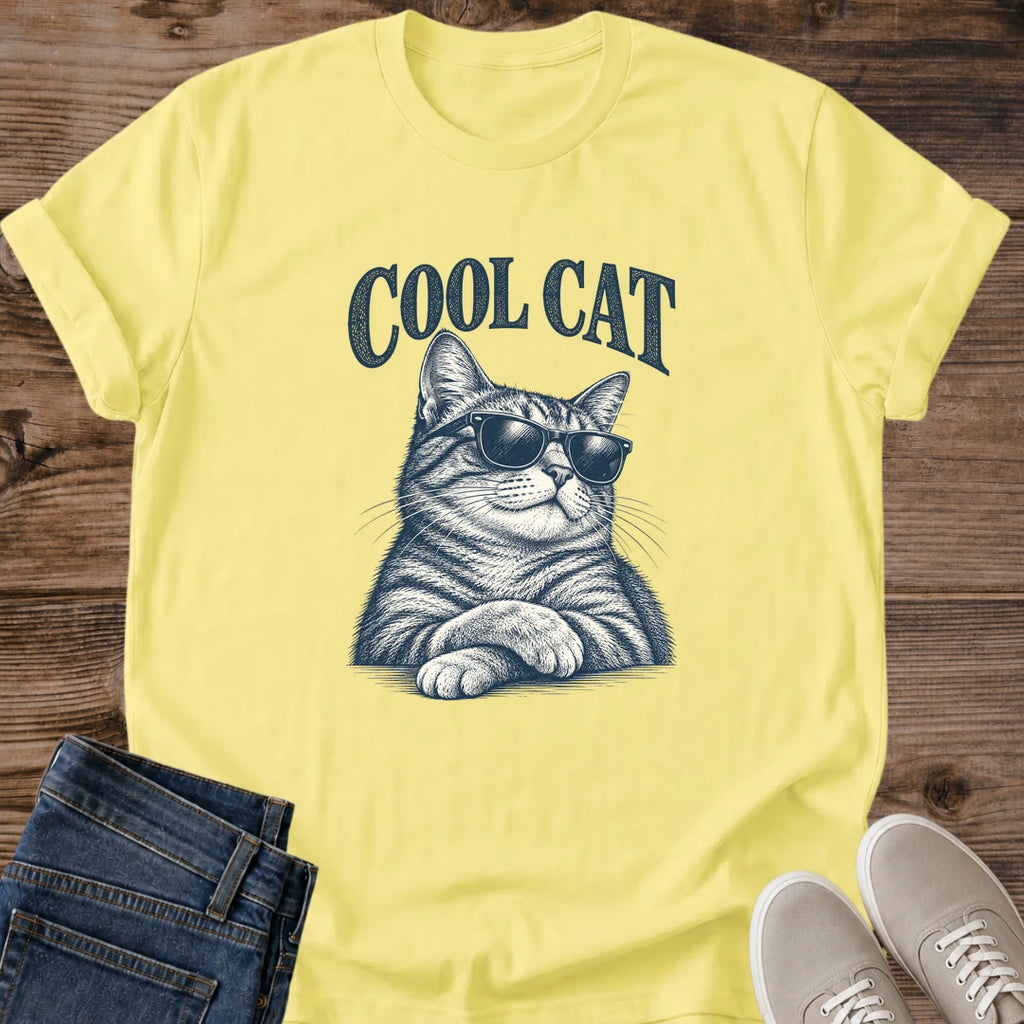 Cornsilk pale yellow Cool Cat Tabby Shades T-Shirt, a Gildan 64000 Softstyle unisex crewneck with rolled short sleeves. Navy blue illustration shows a striped tabby wearing dark sunglasses, with upright ears, long whiskers and crossed front paws beneath arched "COOL CAT" lettering. Front flat lay on rustic brown wood planks, with folded dark denim jeans at lower left and light gray lace-up sneakers at lower right.