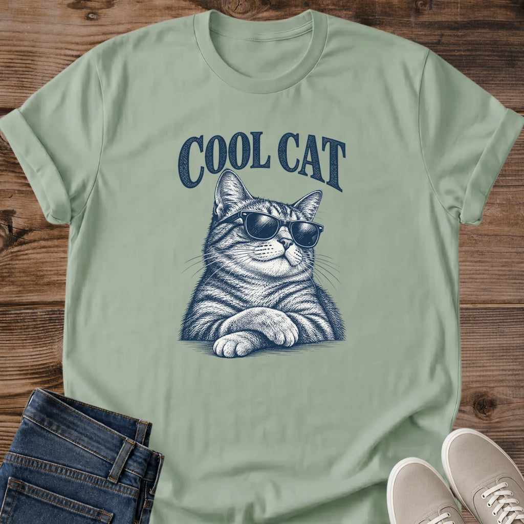 Sage muted green Cool Cat Tabby Shades T-Shirt, a Gildan 64000 Softstyle unisex crewneck with rolled short sleeves. Navy blue illustration shows a striped tabby wearing dark sunglasses, with upright ears, long whiskers and crossed front paws beneath arched "COOL CAT" lettering. Front flat lay on rustic brown wood planks, with folded dark denim jeans at lower left and light gray lace-up sneakers at lower right.