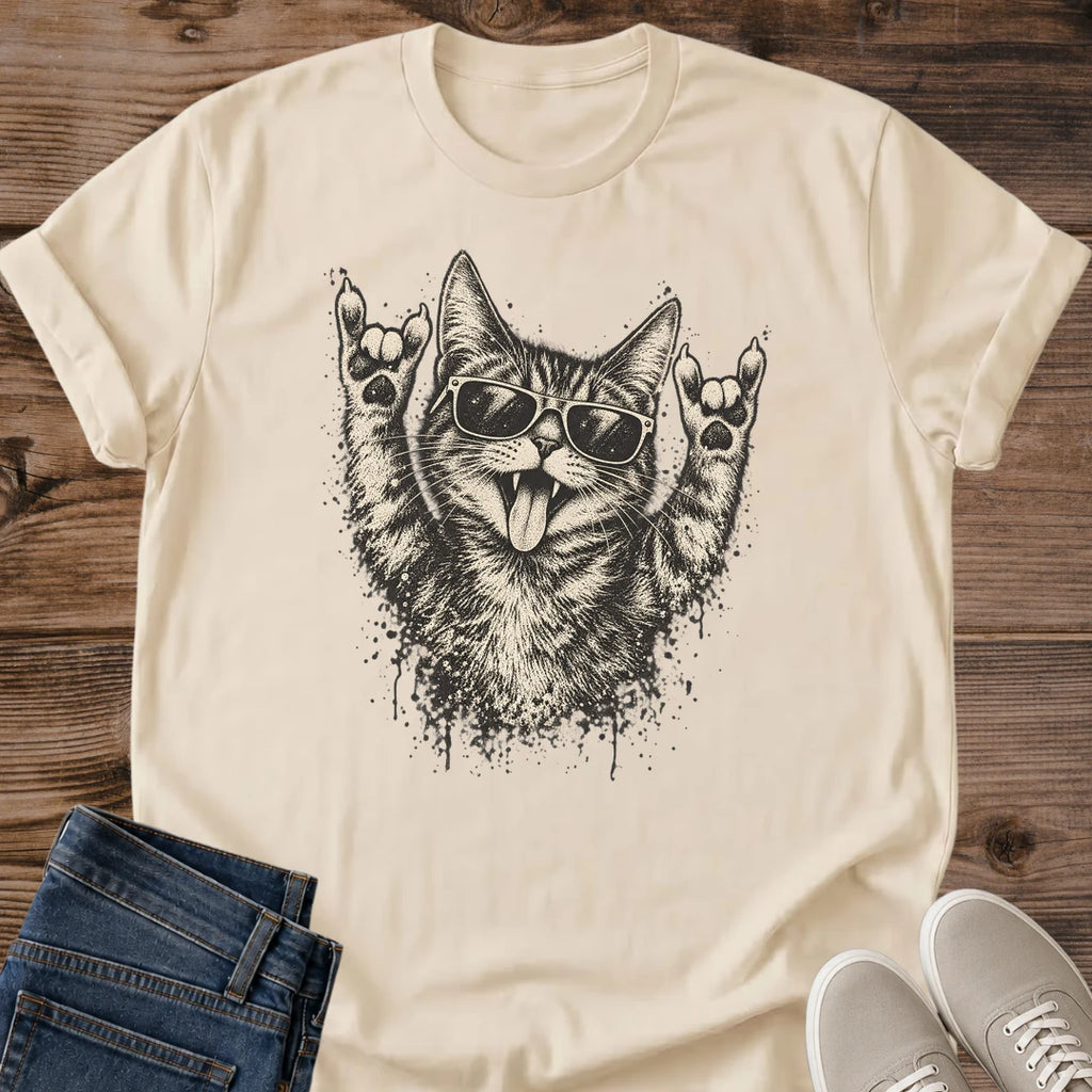 Vintage Cat Lover Tee Cool Cat Vibes Rock On Sunglasses Design Cotton Cat Dad Gift Shirt Punk Aesthetic Softstyle Ring Spun Fabric Relaxed Retail Fit Casual Weekend Layering Statement Piece Everyday Wear For Home