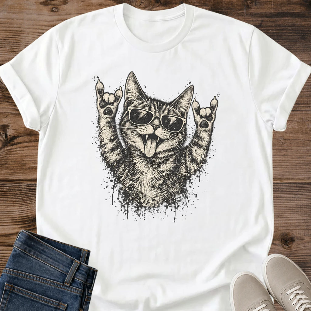 Vintage Cat Lover Tee Cool Cat Vibes Rock On Sunglasses Design Cotton Cat Dad Gift Shirt Punk Aesthetic Softstyle Ring Spun Fabric Relaxed Retail Fit Casual Weekend Layering Statement Piece Everyday Wear For Home