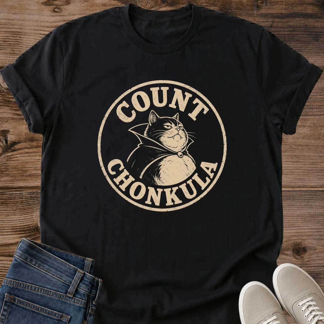 Gothic Vampire Cat Tee Vintage Graphic Design Count Chonkula Theme Shirt Casual Cotton Crew Neck Comfortable Everyday Wear Funny Cat Lover Gift Retro Poster Style Lightweight Fabric Soft Material Halloween Season Apparel Novelty Present Pet