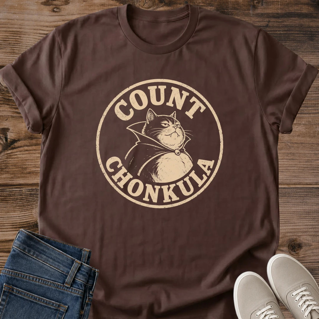 Cat Lover Gift Shirt Funny Vampire Design Gothic Graphic Tee Count Chonkula Print Vintage Poster Style Comfortable Cotton Fabric Casual Crew Neck Fit Lightweight Material Soft Wear Retro Cat Theme Novelty Present Halloween Apparel Cozy