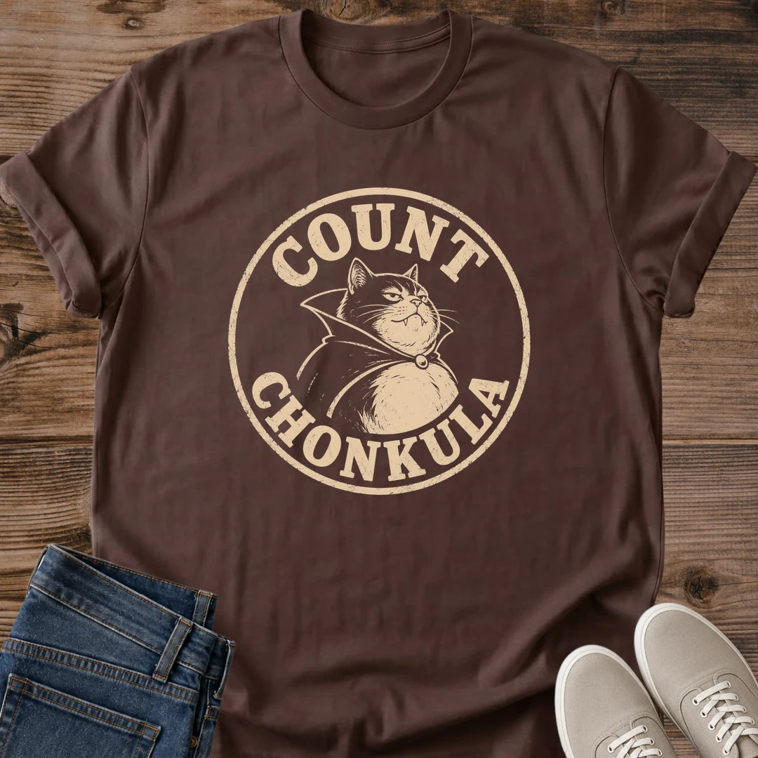 Cat Lover Gift Shirt Funny Vampire Design Gothic Graphic Tee Count Chonkula Print Vintage Poster Style Comfortable Cotton Fabric Casual Crew Neck Fit Lightweight Material Soft Wear Retro Cat Theme Novelty Present Halloween Apparel Cozy