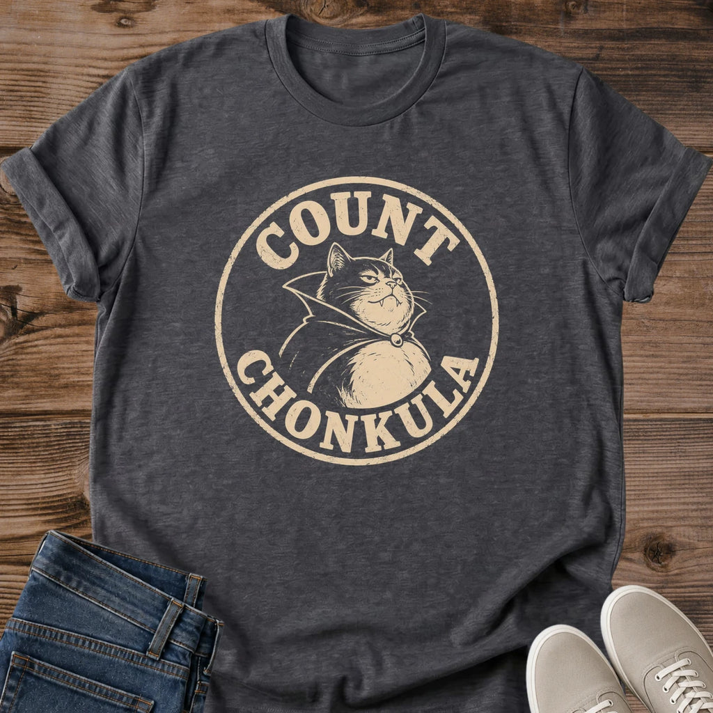 Comfortable Cotton Cat Shirt Count Chonkula Vintage Design Gothic Vampire Graphic Tee Casual Crew Neck Fit Retro Poster Style Funny Cat Lover Gift Lightweight Soft Fabric Halloween Theme Apparel Novelty Present Pet Owner Fashion Cozy