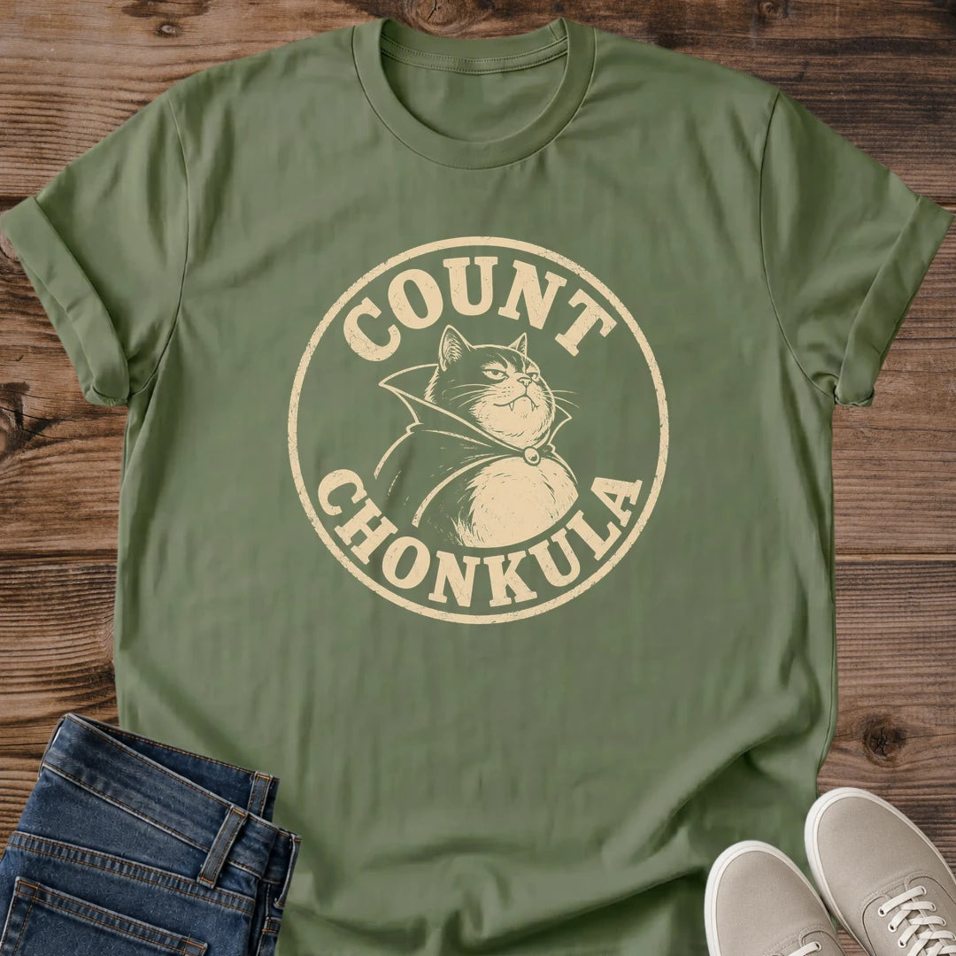 Funny Cat Graphic Tee Vintage Vampire Design Count Chonkula Shirt Retro Gothic Style Cotton Crew Neck Comfortable Casual Wear Lightweight Soft Fabric Cat Lover Apparel Novelty Gift Present Halloween Theme Clothing Pet Owner Fashion