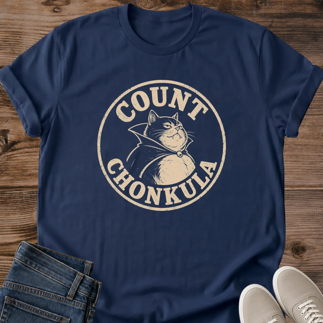 Vintage Gothic Cat Shirt Count Chonkula Design Retro Graphic Tee Vampire Theme Apparel Casual Cotton Crew Neck Comfortable Fit Cat Lover Gift Funny Novelty Shirt Halloween Season Wear Lightweight Fabric Soft Material Classic Style Statement