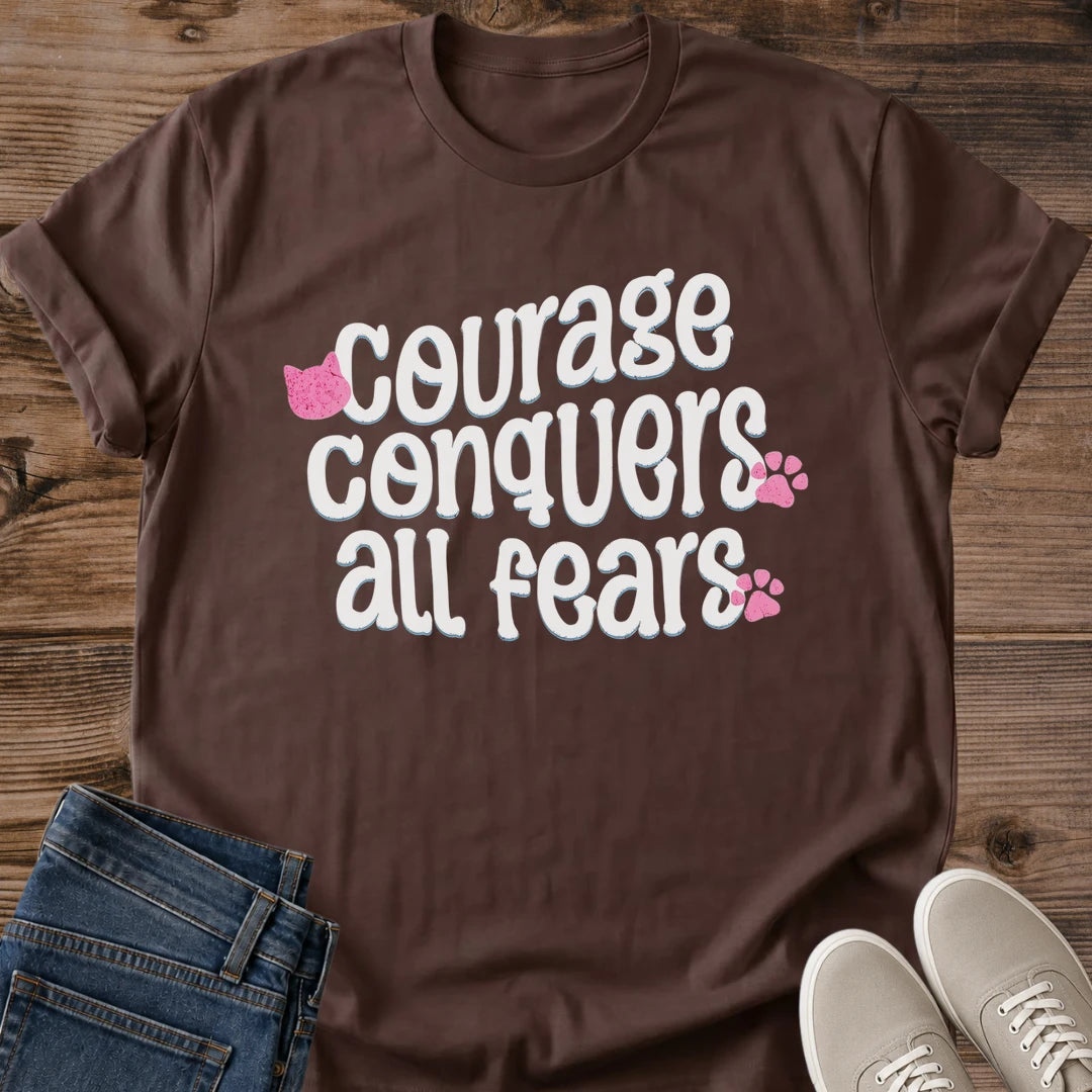 Encouragement Gift Courage Conquers All Fears Cat Shirt Motivational Quote Tee Be Brave Cat Shirt Graduation Gift For Cat Lover New Beginnings Tee Birthday Gift For Cat Owner Cute Cat Doodle Graphic Gildan Softstyle Cotton Tee Cat Whisker Co