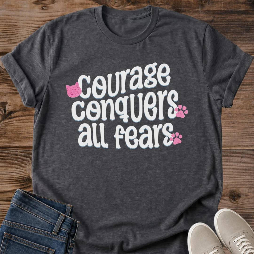 Motivational Cat Shirt Courage Conquers All Fears Cat Mom Tee Inspirational Cat Lover Gift Pink Paw Print Design Strength Quote Shirt For Women And Men Encouragement Tee Holiday Gift For Cat Owner Soft Cotton Unisex Tee Cat Whisker Co