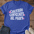 Courage Conquers All Fears Cat Shirt Navy Inspirational Cat Tee Motivational Quote Shirt Cute Pink Cat Face And Paw Prints Hand Lettered Positive Quote Tee Encouragement Gift For Her Cat Lover Gift Gildan 64000 Softstyle Unisex Cat Whisker Co