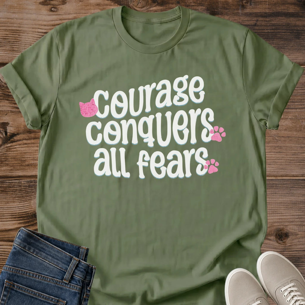 Inspirational Cat Shirt Courage Conquers All Fears Tee Brave Cat Quote Shirt Pink Paw Print Graphic Motivational Gift For Cat Lovers Positive Vibes Cat Tee Cat Mom Shirt Rescue Cat Mom Gift Soft Cotton Unisex Shirt Cat Whisker Co
