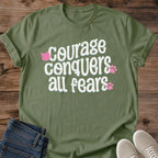 Inspirational Cat Shirt Courage Conquers All Fears Tee Brave Cat Quote Shirt Pink Paw Print Graphic Motivational Gift For Cat Lovers Positive Vibes Cat Tee Cat Mom Shirt Rescue Cat Mom Gift Soft Cotton Unisex Shirt Cat Whisker Co