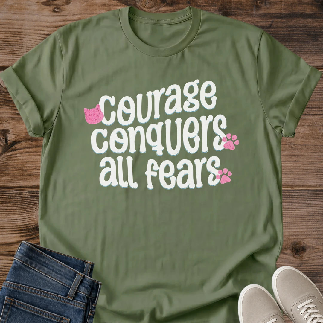 Inspirational Cat Shirt Courage Conquers All Fears Tee Brave Cat Quote Shirt Pink Paw Print Graphic Motivational Gift For Cat Lovers Positive Vibes Cat Tee Cat Mom Shirt Rescue Cat Mom Gift Soft Cotton Unisex Shirt Cat Whisker Co
