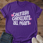 Inspirational Cat Shirt Courage Conquers All Fears Tee Brave Cat Quote Shirt Pink Paw Print Graphic Motivational Gift For Cat Lovers Positive Vibes Cat Tee Cat Mom Shirt Rescue Cat Mom Gift Soft Cotton Unisex Shirt Cat Whisker Co