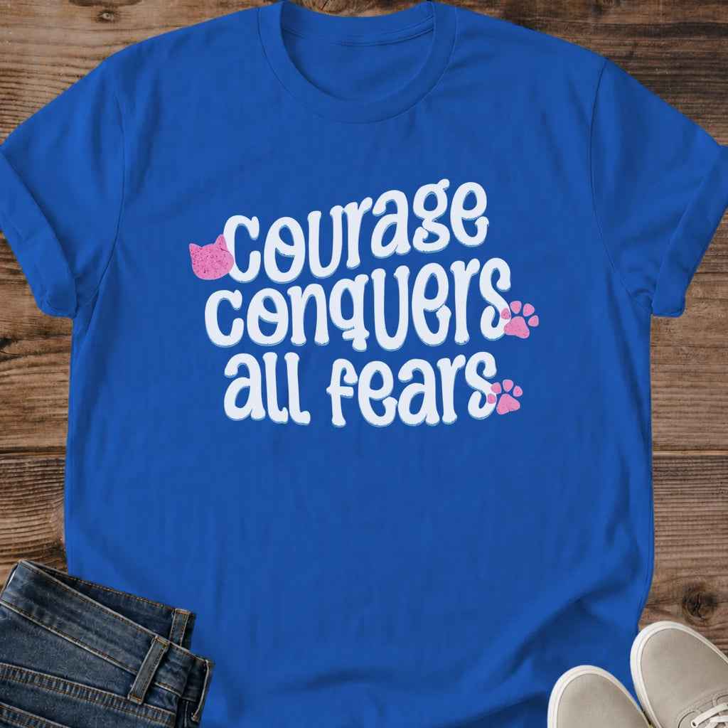 Courage Conquers All Fears Cat Shirt Navy Inspirational Cat Tee Motivational Quote Shirt Cute Pink Cat Face And Paw Prints Hand Lettered Positive Quote Tee Encouragement Gift For Her Cat Lover Gift Gildan 64000 Softstyle Unisex Cat Whisker Co