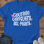 Courage Conquers All Fears Cat Shirt Navy Inspirational Cat Tee Motivational Quote Shirt Cute Pink Cat Face And Paw Prints Hand Lettered Positive Quote Tee Encouragement Gift For Her Cat Lover Gift Gildan 64000 Softstyle Unisex Cat Whisker Co